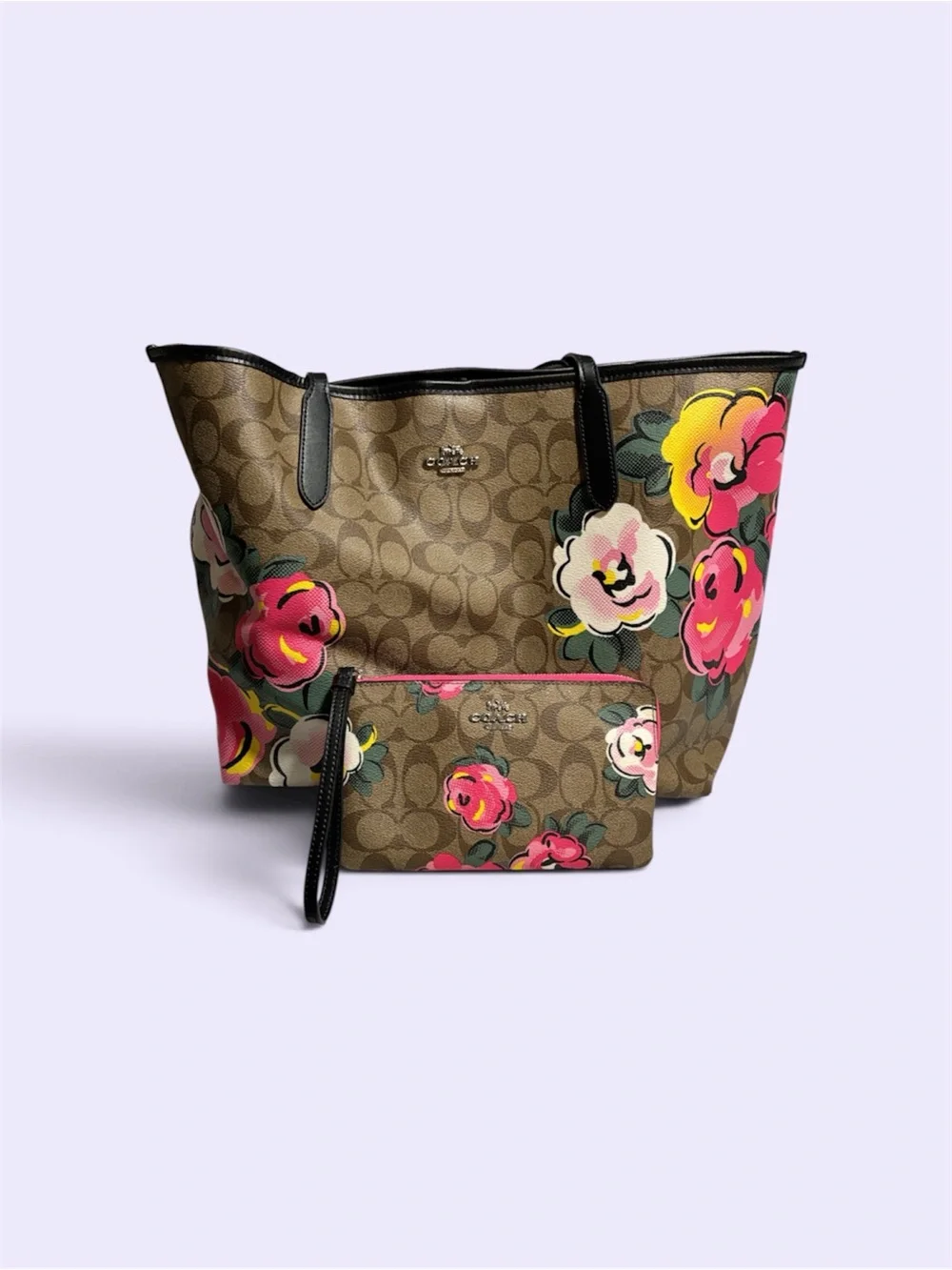 Coach Signature Vintage Rose Print Tote w/Matching Wristlet